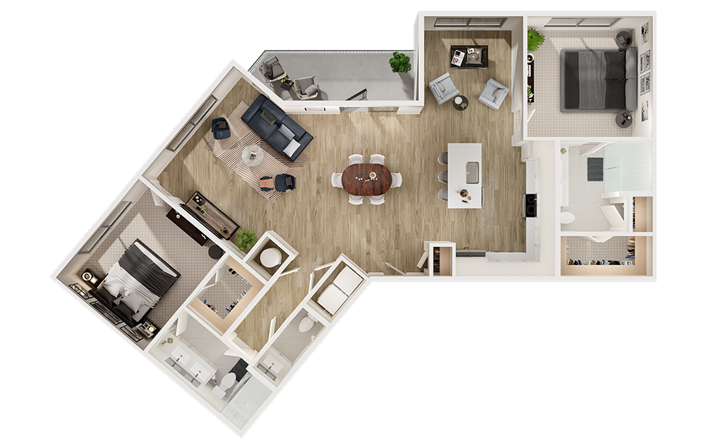 B6D - 2 bedroom floorplan layout with 2.5 baths and 1444 square feet. (3D)
