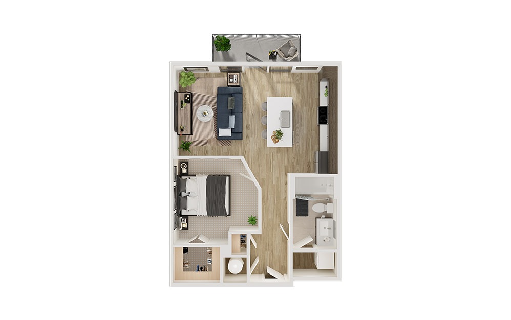 A1p - 1 bedroom floorplan layout with 1 bathroom and 633 square feet (3D)