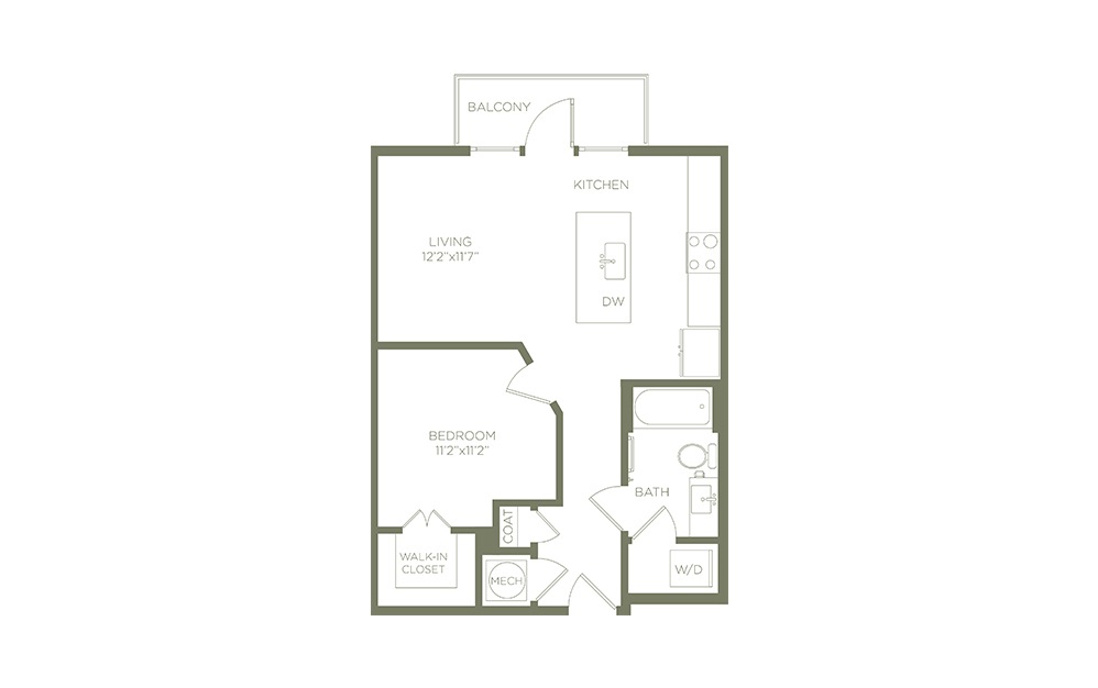 A1p - 1 bedroom floorplan layout with 1 bathroom and 633 square feet (2D)