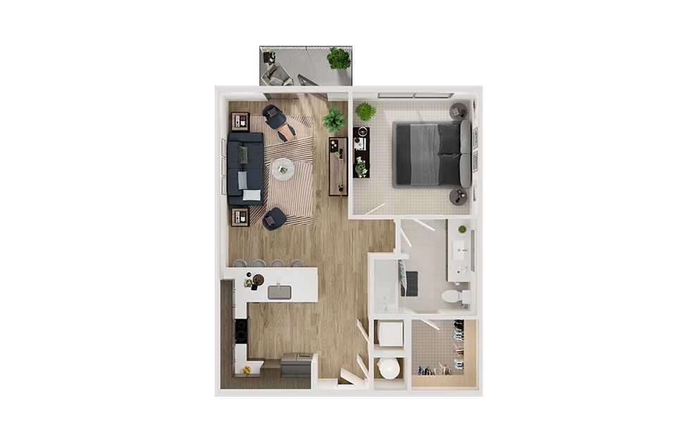 A2p - 1 bedroom floorplan layout with 1 bath and 725 to 730 square feet. (3D)