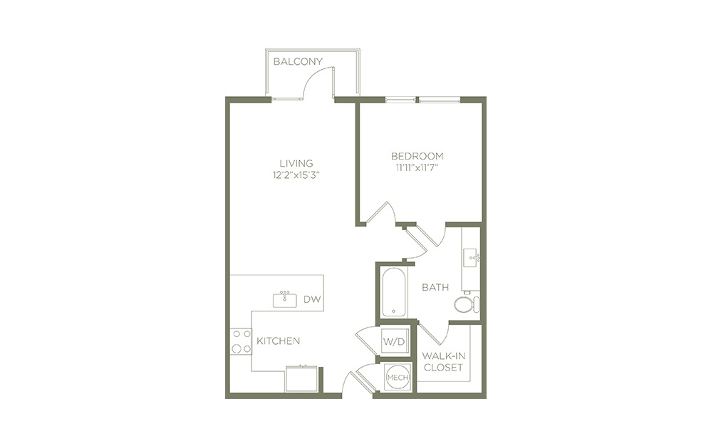 A2p - 1 bedroom floorplan layout with 1 bath and 725 to 730 square feet. (2D)