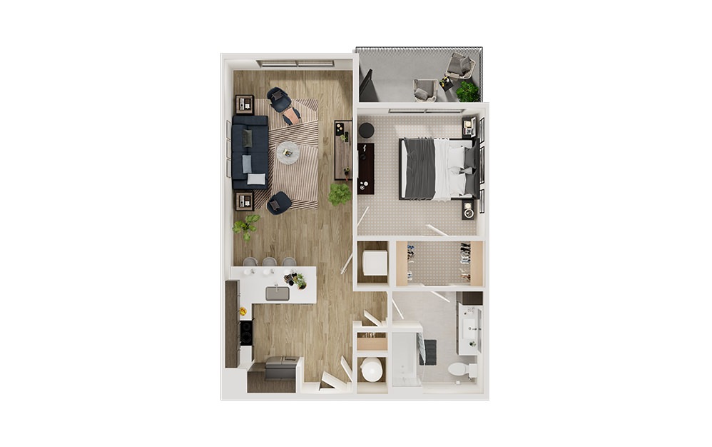 A3p - 1 bedroom floorplan layout with 1 bathroom and 740 - 745 square feet (3D)