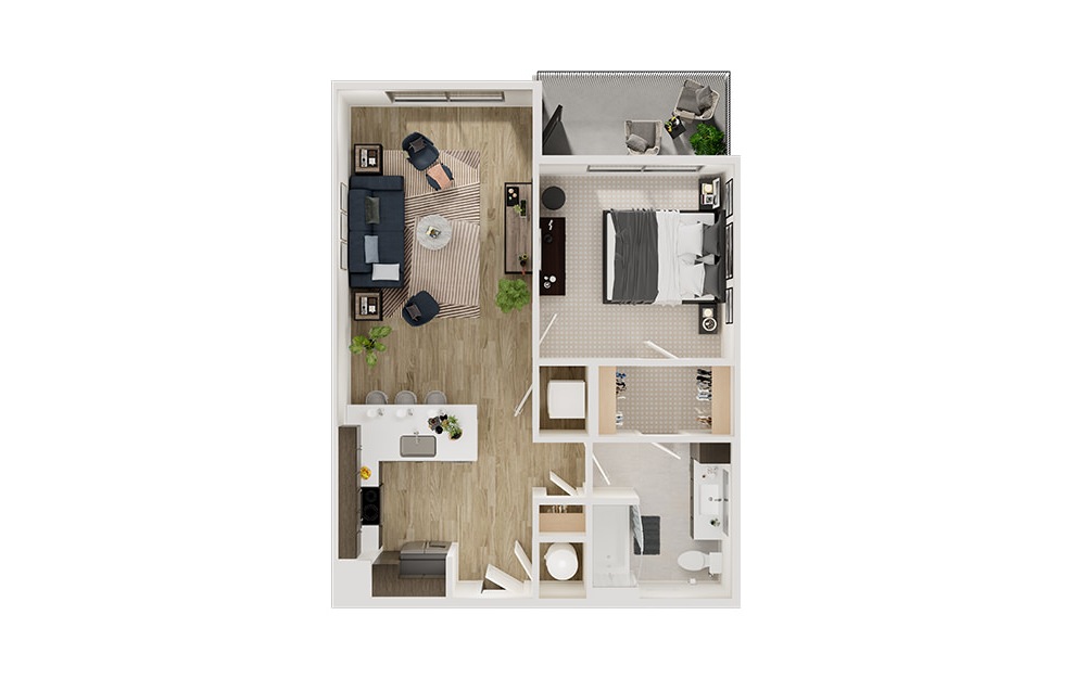 A3p - 1 bedroom floorplan layout with 1 bath and 740 to 745 square feet. (3D)