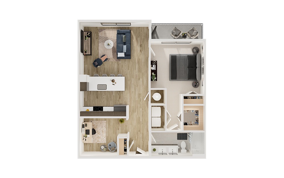 A7D - 1 bedroom floorplan layout with 1 bathroom and 917 square feet (3D)