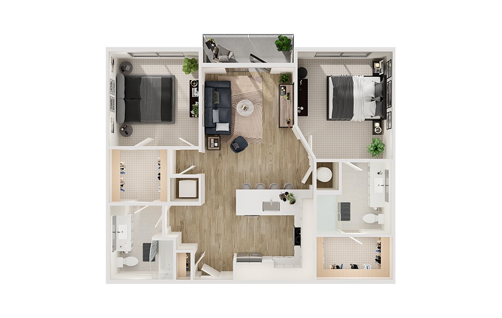 B1 - 2 bedroom floorplan layout with 2 baths and 1069 to 1093 square feet. (3D)