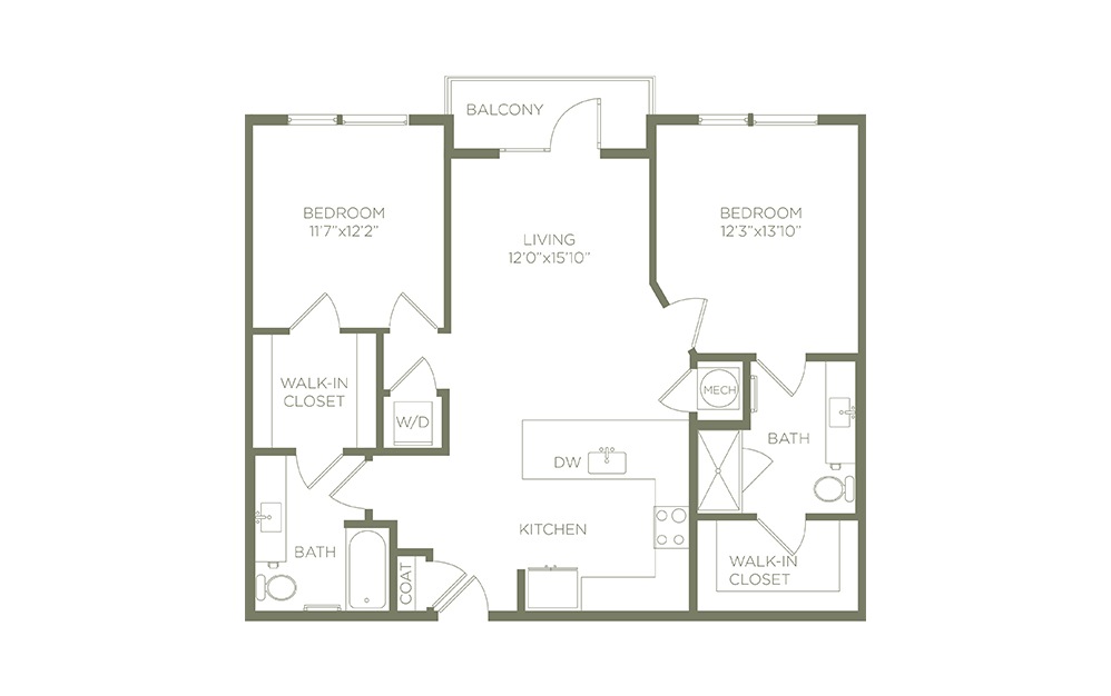 B1 - 2 bedroom floorplan layout with 2 baths and 1069 to 1093 square feet. (2D)