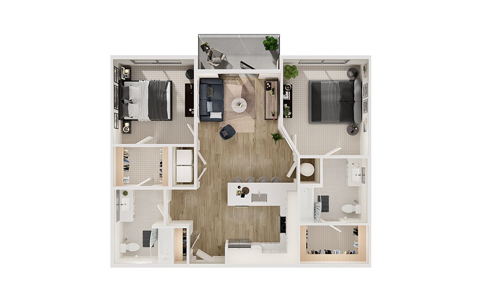 B1a - 2 bedroom floorplan layout with 2 baths and 1093 square feet. (3D)