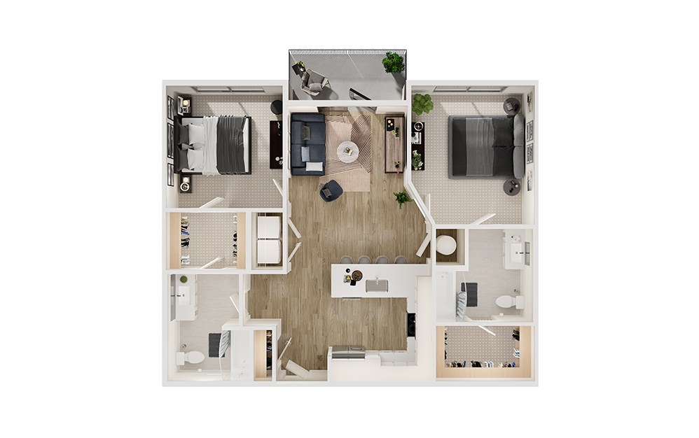 B1a - 2 bedroom floorplan layout with 2 bathrooms and 1093 square feet (3D)