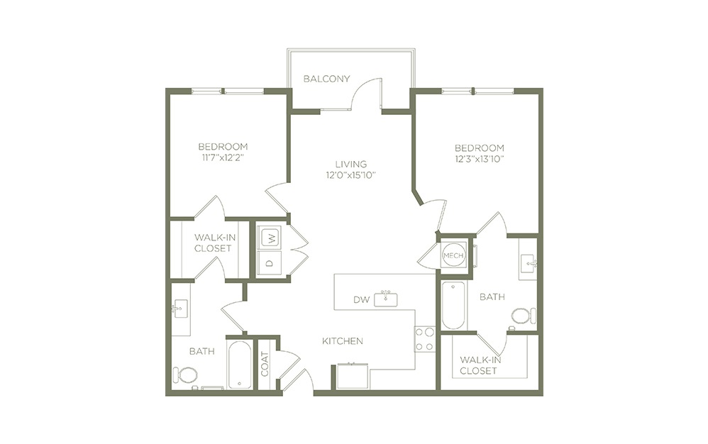 B1a - 2 bedroom floorplan layout with 2 baths and 1093 square feet. (2D)