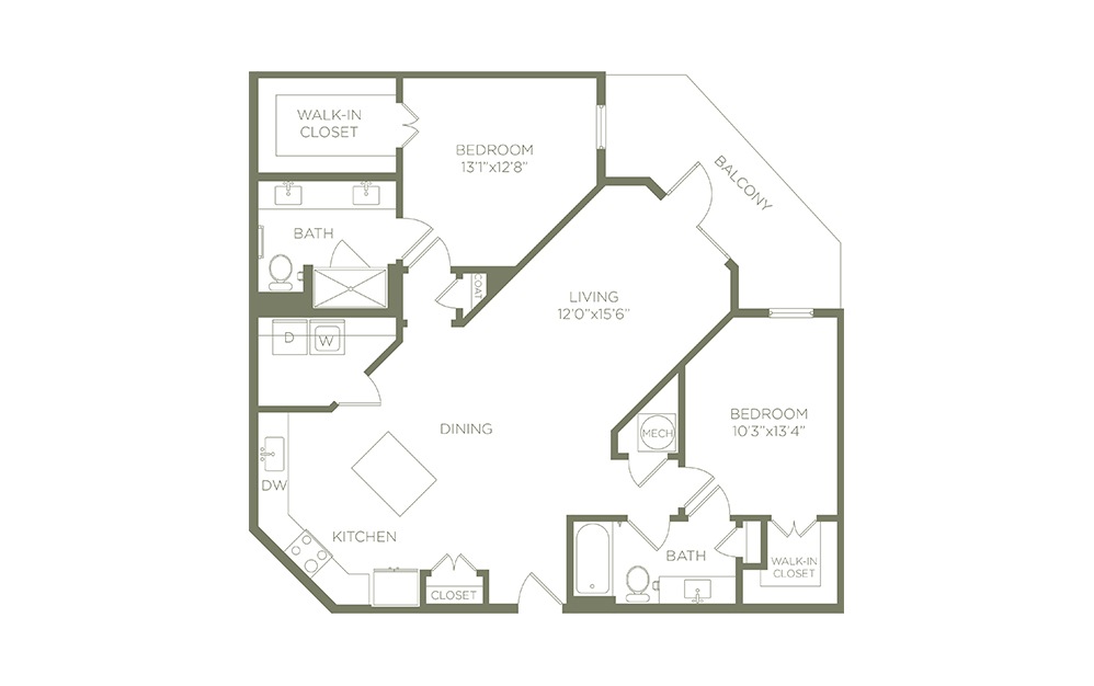 B3 - 2 bedroom floorplan layout with 2 baths and 1216 square feet. (2D)