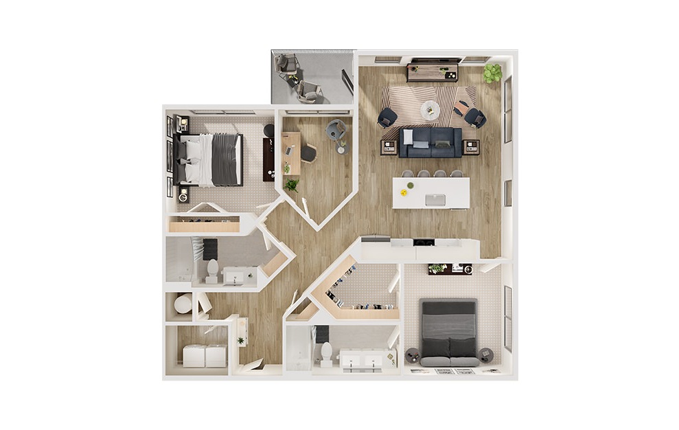 B4D - 2 bedroom floorplan layout with 2 baths and 1273 to 1307 square feet. (3D)