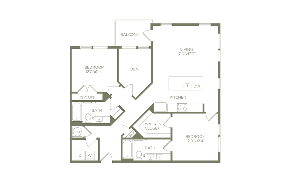 B4D - 2 bedroom floorplan layout with 2 baths and 1273 to 1307 square feet. (2D)