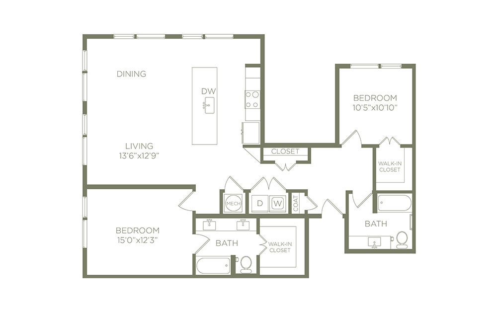 B5 - 2 bedroom floorplan layout with 2 baths and 1316 square feet. (2D)