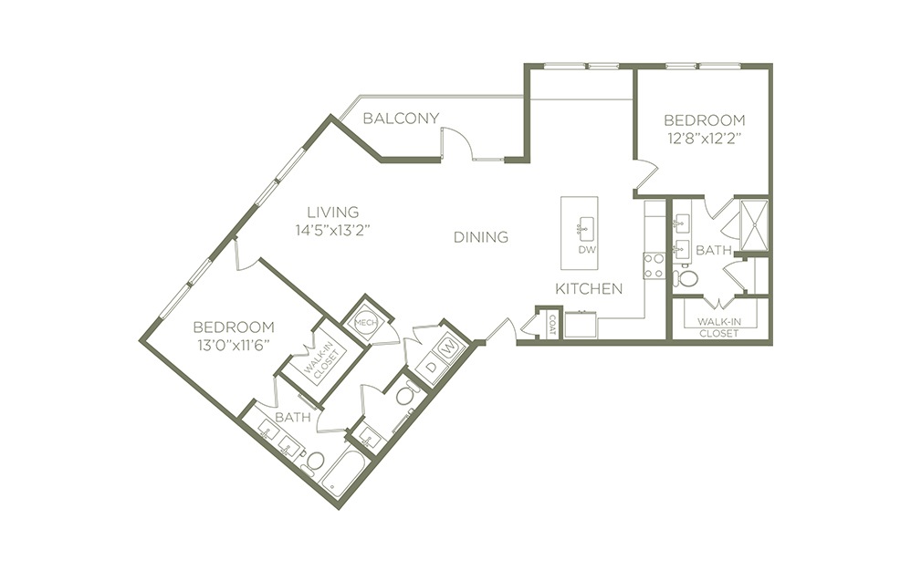 B6D - 2 bedroom floorplan layout with 2.5 baths and 1444 square feet. (2D)