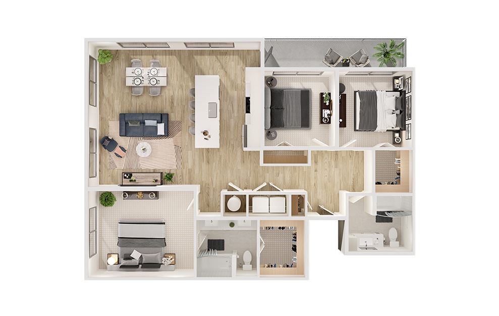 C1 - 3 bedroom floorplan layout with 2 baths and 1418 to 1494 square feet. (3D)