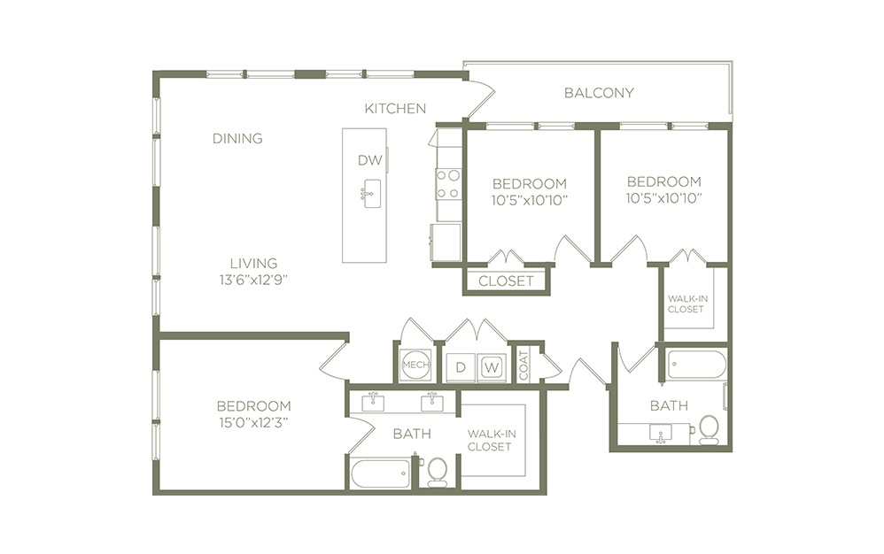 C1 - 3 bedroom floorplan layout with 2 baths and 1418 to 1494 square feet. (2D)