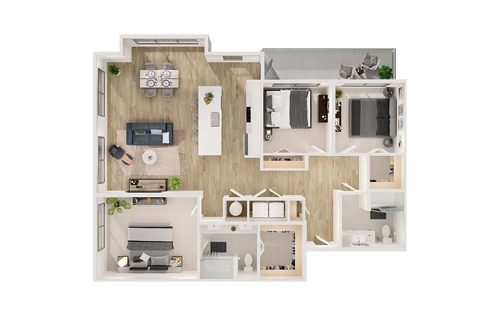 C1a - 3 bedroom floorplan layout with 2 baths and 1438 square feet. (3D)
