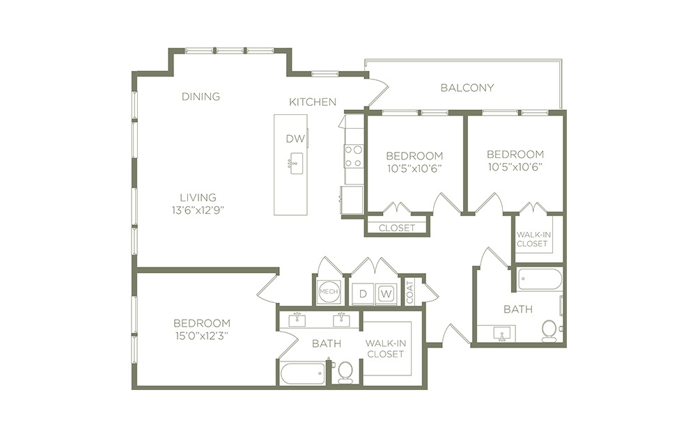 C1a - 3 bedroom floorplan layout with 2 baths and 1438 square feet. (2D)
